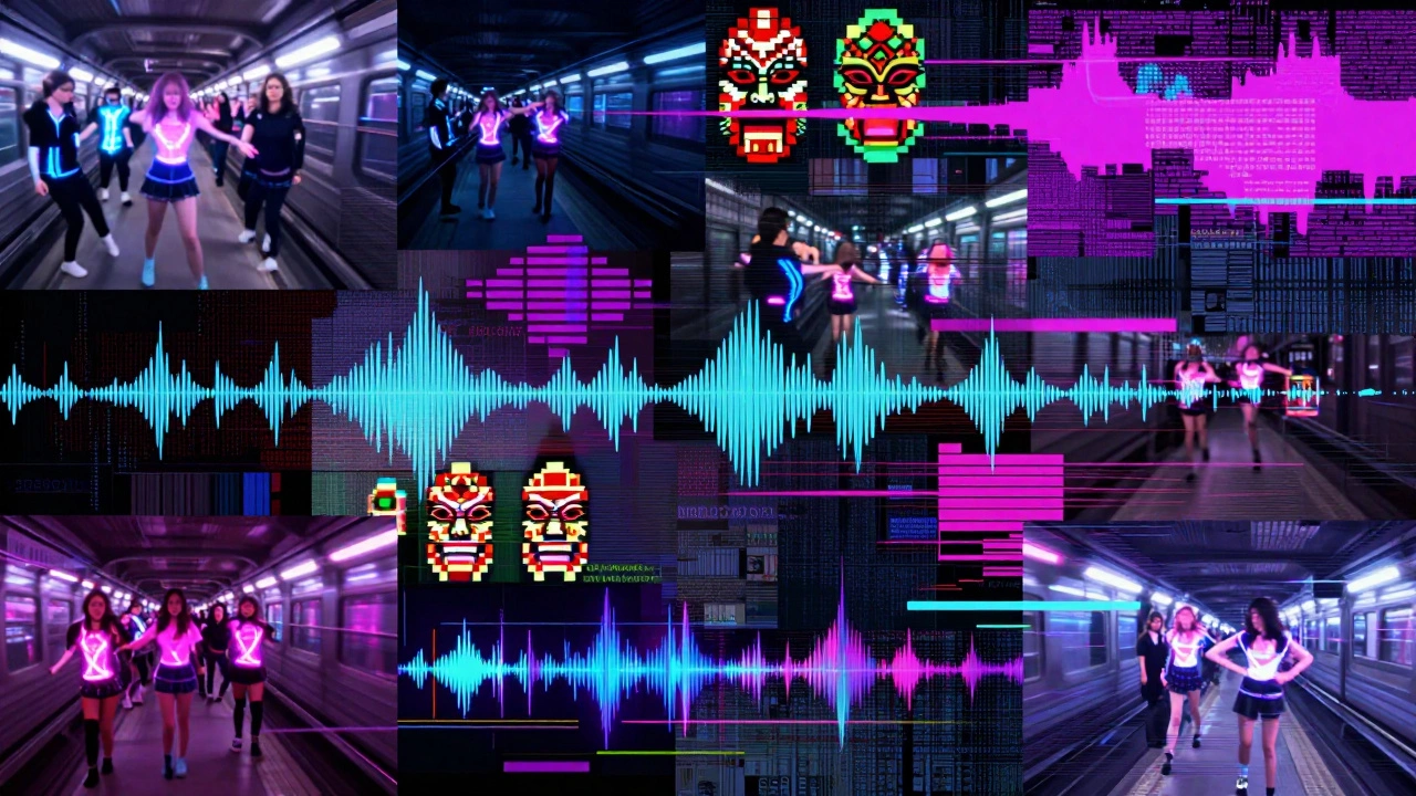 A chaotic digital collage of Neon Girls remixes with glitch effects, neon trails, and fragmented masks in VHS distortion.