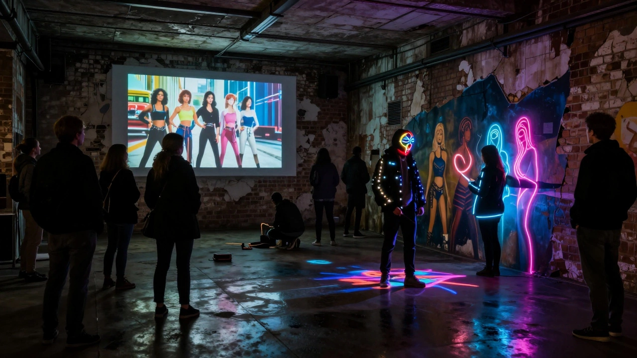 A crowd watches a neon dancer projection in a Berlin warehouse, artists paint glowing murals nearby under dim electric light.