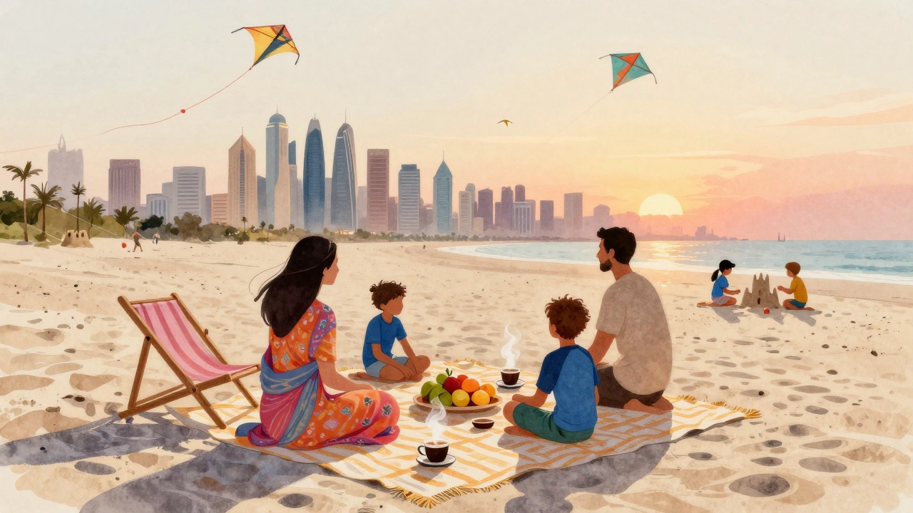 Family picnic at Kite Beach at sunset with sarongs, coffee, and children playing near kites in the sky.